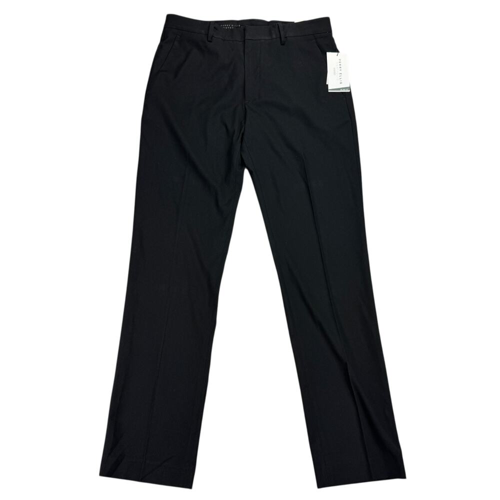 Perry Ellis Mens Slim Fit Non-Iron Stretch Dress Pants Black 32x32